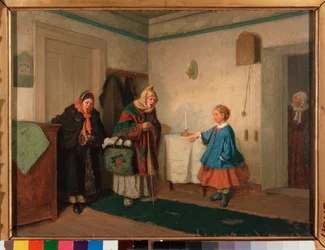 物乞いの歌手。 Leonid Ivanovich Solomatkin (1837-1883) による絵画、キャンバスに油彩
