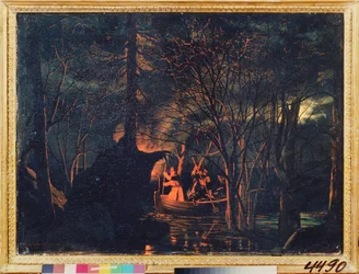 夜槍釣り。 Leonid Ivanovich Solomatkin (1837-1883) による絵画、キャンバスに油彩