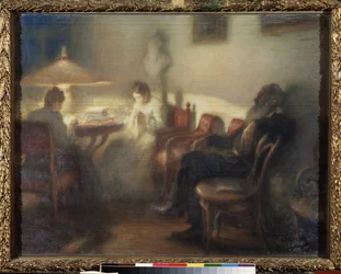 ヤスナヤ ポリャーナで家族と一緒にいる作家レオン トルストイ (1828-1910) (ヤスナヤ ポリャーナで家族と一緒にいる作家レオ トルストイ)。 Leonid Osipovich Pasternak (1862-1945) の作品、紙にパステル