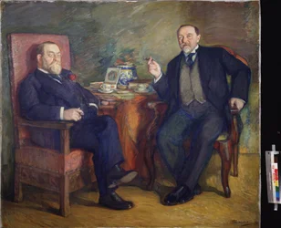 お茶の時間。 コレクターのオシップ・セトリンとデビッド・ウィソツキーのポートレート。 Leonid Osipovich Pasternak (1862-1945) による絵画、キャンバスにテンペラ