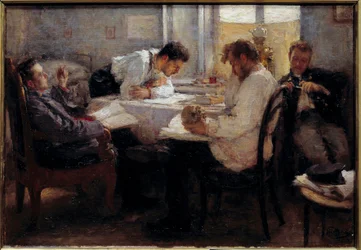 試験前夜 試験の復習をする学生たち。 Leonid Osipovich Pasternac (1862-1945) による絵画 1895 日。 0,39x0,55 m パリ、オルセー美術館 注意！ この作品の使用は、第三者の承認要求または追加料金の対象となる場合があります