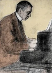 ロシアの作曲家・ピアニスト、セルゲイ・ラフマニノフ（セルジュ・ラフマニノフまたはラフマニノフ）（1873 - 1943）の肖像。レオニード・O・パステルナーク（1862-1945）による素描。