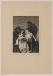 影の中で背後に2人の男性を従えた2人の女性; Les majas au balcon（作品上の題）