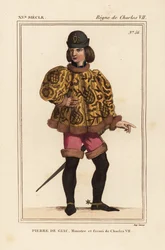 ピエール・ド・ジャック、1377年から1426年まで国王シャルル7世の侍従長。ダン＝ル＝ロワで溺死。マホワートル袖の短いカソック、ピンクのズボン、拍車付きのブーツを着用。手稿Histoire du Roiの細密画をもとにした手彩色リトグラフ。