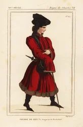 ロシュフォール領主ピエール・ド・リュー1389-1439年。ロジェ・ド・ジェニエールのポートフォリオVI 136の肖像画をもとにした手彩色リトグラフ。