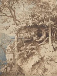山の上の展望台にいる猟師たち 1870年頃