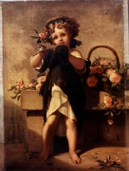薔薇の花を持つ少女の肖像 レオポルド・ムリニョン（1821-1897）による絵画 19世紀 .