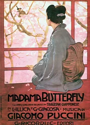 ジャコモ・プッチーニ（1858-1924）作曲「蝶々夫人」の楽譜の扉絵（カラーリトグラフ）（56537も参照）