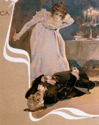 ジャコモ・プッチーニ (1858-1924) のオペラ「トスカ」の場面を描いた、レオポルド・メトリコヴィッツ (1868-1944) の絵はがき