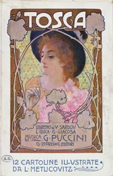 プッチーニ作曲のオペラ「トスカ」のスコアシートのタイトルページ、1910年頃（カラーリトグラフ