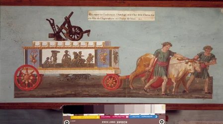農業の祭典、1799年にシャン・ド・マルスで始まった革命の祭典の金のプラウの馬車。ルスール家のグワッシュ（18世紀）、パリ・カルナヴァレ美術館蔵