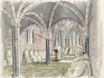 1530年頃のシャップ修道院のチャプター・ハウスの復元（紙に水彩画）