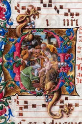 ピッコロミニ図書館：聖歌隊の本、タラ。 19.4、ff。 Liberale da Verona (約 1445 - 1527/9) による「マギの崇拝」の 9v。 詳細。
