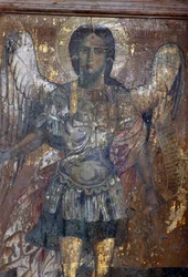 天使（ビザンチン様式のソティラス・クリストス教会のフレスコ画、クレタ島ヴリティアス、ギリシャ）（写真