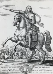 第2代ボーフォート公爵でフランスの将軍であったフランシス・オブ・ブルボン＝ヴェンドーム（1616-1669）の騎馬像、ニコラ・ド・ラ・ファージュ（1600?-1655）の彫刻作品。