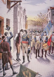 吊るされたアイルランドの反乱軍Patrick Walshにキスをするフランスの将軍Jean Sarrazin（カラーリトグラフ）。