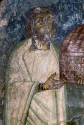 教会の模型を持つアギア・アンナ教会のフレスコ画購入者（1642年）、クレタ島アニサラキ、ギリシャ