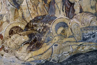ギリシャ・クレタ島ケファリのメタモルフォシス・トウ・ソティロス教会のキリストが死んでいるフレスコ画（写真