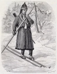 1884年にAdolf Erick Nordenskjoldが主催したクロスカントリースキー大会で優勝したラップランドの選手、Lars Tuorda、墨絵