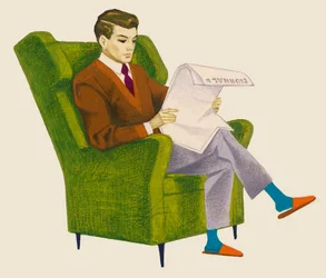 肘掛け椅子に座って新聞を読む男性、絵を描く