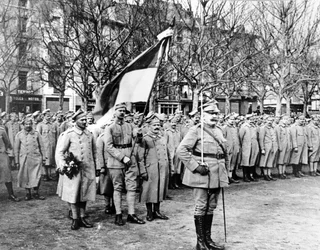 パリで勝利の行進をするポーランドの「青い軍隊」の兵士たち