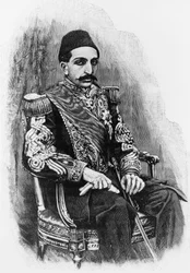 1876年から1909年までオスマン帝国の第34代スルタンであったアブドゥル・ハミッド2世（1842-1918）の肖像、写真をもとにしたエングレービング