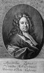 イタリアの詩人、作詞家、ジャーナリスト、文学者であるアポストロ・ゼノ（1668～1750年頃）の肖像、エングレーヴィング