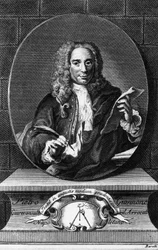 イタリアの哲学者、歴史家、法学者であるピエトロ・ジャンノーネ（1676-1748）の肖像、アントニオ・バラッティ（1724-1787）による彫刻（ピエトロ・ジャンノーネ著『ナポリ王国の市民生活』より