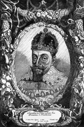 1587年から1632年までポーランド王、1592年から1599年までスウェーデン王、そしてリトアニア大公であったジギスムント3世ヴァーサ（1566-1632）の肖像、エングレーヴィング