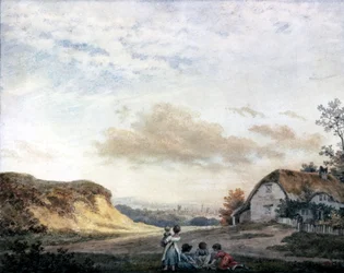 コテージのそばで子供たちが遊んでいるルーク・ハワード作の田園風景、1808年～1811年頃