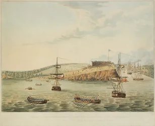 北アメリカ、オンタリオ湖のフォートオスウィーゴへの攻撃。 1814年5月6日、正午、および第2大隊ロイヤルマリーンズと、12時15分過ぎの海兵隊によるストミングフォートオスウィーゴ、R。ハヴェルによる彫刻、1815