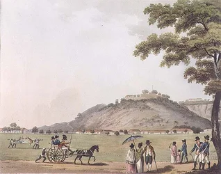 エドワード・オルム（1774-1820）が出版したH・メルケ（fl.1800-20）が彫った「マイソール王国の絵のような風景」の第20版、マドラス近郊のセント・トーマス山の眺め（1804年、アクアチント）。
