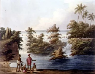 ストルーパーマドールのタンクのオーバーフロー、H.メルケ（fl.1800-20）の彫刻、エドワード・オルム（1774-c.1820）の出版物「マイソール王国の絵入り風景」のプレート25（アクアチント）1804年。