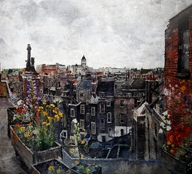 シティ・オブ・ロンドンの空と花（ハイ・ホルボーンの屋根）1930年代（油彩・キャンバス