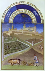 3月のファクシミリ： &39;Tres Riches Heures du Duc de Berry&39;（元の8435を参照）からの封建的地所で働く農民