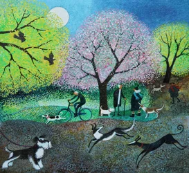 Wellie Road Dog Walkers、2021年（リネンにアクリル）