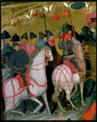 騎馬兵、聖母と聖ジョージの祭壇画の詳細、1390〜1400年頃（パネルのテンペラ）