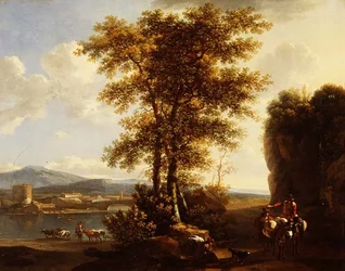 道を行く旅人、牛を連れた牧童、その向こうにある町を描いたイタリアの森の川の風景。