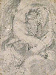 雲の中のニンフ（フローラ）（オフホワイトの紙に切り株が入った黒いチョーク）