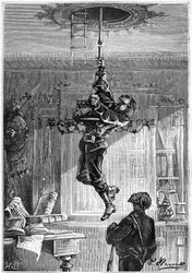 ジュール・ヴェルヌ「ベガムの5億」（ヘッツェル版／1879年刊）より。「...彼は燭台から吊るされるやいなや、非常に驚いたことに、彼の手の下に落ちるのを見た。天井の
