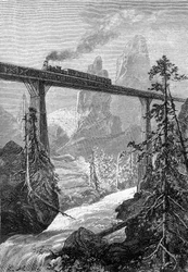 ジュール・ヴェルヌ「ベガムの5億」（ヘッツェル版／1879年刊）より。激流のある山の風景の中、大胆な橋の上を通過する蒸気機関車。