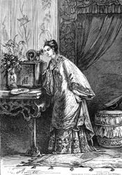ジュール・ヴェルヌ『中国人の苦難』（ヘッツェル版／1879年刊）より。蓄音機で録音されたメッセージを聞く中国の少女。