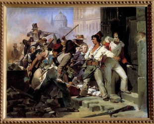 1830年のパリ革命の一場面。レオン・コニエ（1794-1880年）の絵画。19世紀。オルレアン、美術館
