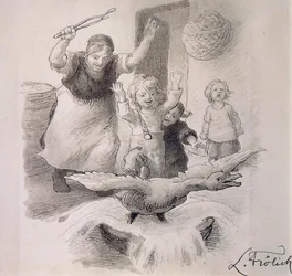 醜いアヒルの子、ハンス・クリスチャン・アンデルセン（1805-1875）のおとぎ話のためにローレンツ・フロリッヒ（1820-1908）が描いたイラスト。