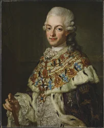 Gustave III de Suede - スウェーデン王グスタフ3世（1746-1792）の肖像画、パッシュ、ローレンツ、ザ・ヤング（1733-1805）によるもの。キャンバスに油彩、1773年頃サイズ：77x62cmストックホルム国立博物館