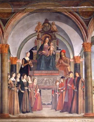聖母子と天使たち、ロレンツォ コスタ (ca 1537-1583) 作、サン ジャコモ マッジョーレ教会、ボローニャ、イタリアのベンティヴォーリオ礼拝堂