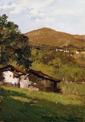 緑に囲まれた農家（ビエッラのプレアルプス）、ロレンツォ・デレアーニ作（1840-1908）、パネルに油彩、44.9x30.7 cm