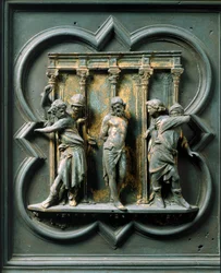 北門（北ではPorte de la Croixと呼ばれる）、外観の詳細。ロレンツォ・ギベルティ（1378-1455）によるブロンズ彫刻「la flagellation」。