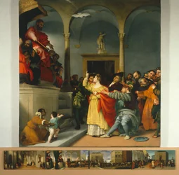 ロレンツォ・ロット（1480年頃～1556年）の「聖ルチアの祭壇画」または「判事の前の聖ルチア」、油彩・キャンバス、243x237cm
