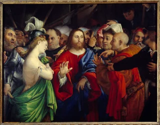 キリストと姦淫の女ロレンツォ・ロット（1480-1556）の絵画